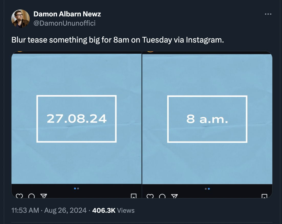 screenshot - Damon Albarn Newz Blur tease something big for 8am on Tuesday via Instagram. 27.08.24 8 a.m. Views G A